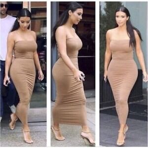 Wolford Fatal Stretch Tube Dress Bodycon Convertible Sz M Tan Beige Celeb‎ Fav